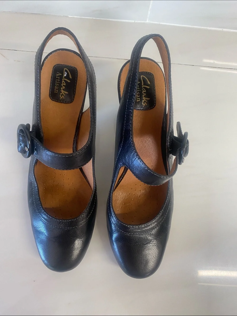CLARKS  Black Leather Slingback Mary Jane Heels with Button Strap
